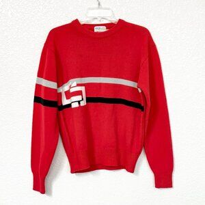 Vintage Izod Club Sweater Men' Medium Red Geometric Stripe Acrylic 80s Prepcore